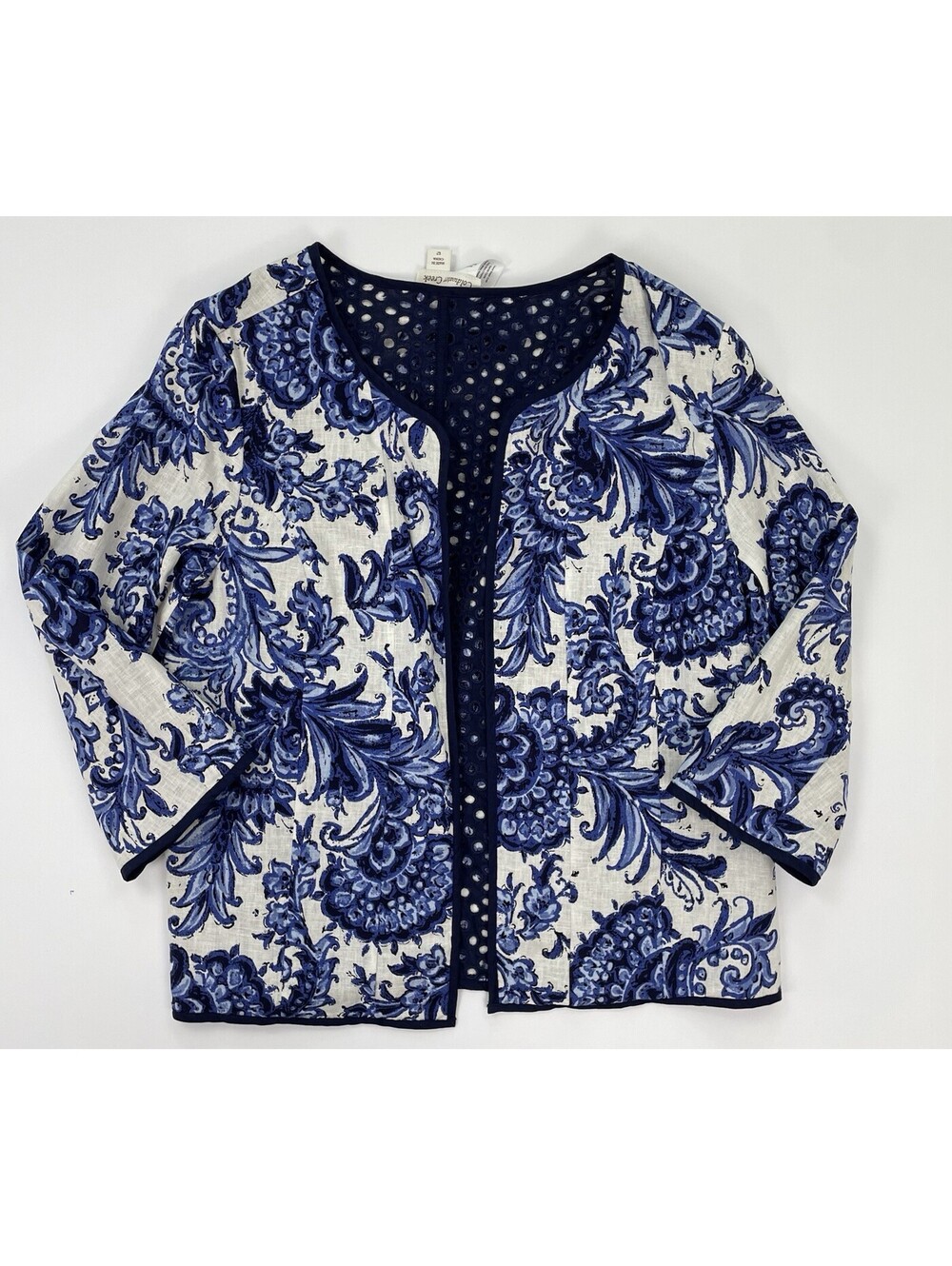 Coldwater Creek Reversible Linen Jacket 12 NWT Blue White Paisley Eyelet Open